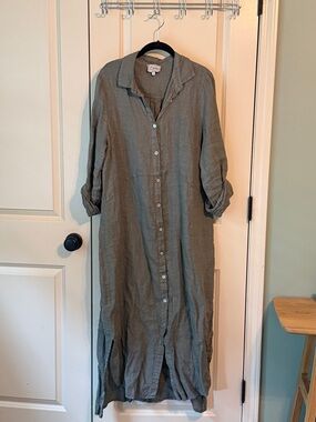 100% Linen Button-Down Maxi Dress in Olive Gray